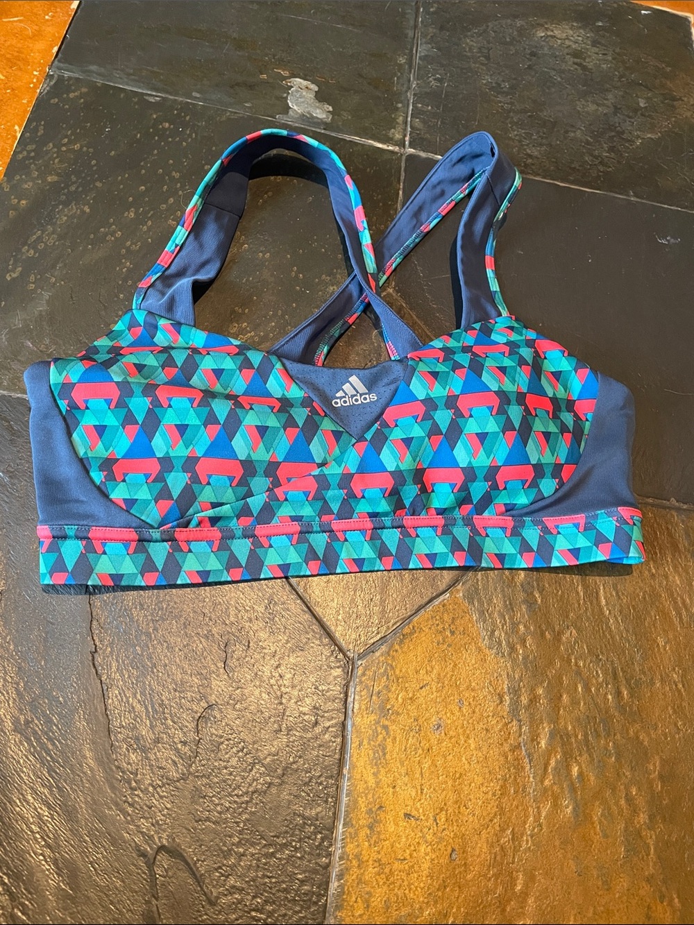 adidas Geometric Teal and Pink Cross-Back Sports Bra